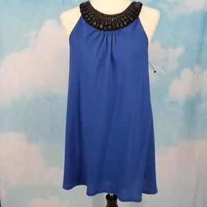 MSSP Max Studios Jeweled Halter Neck Blue Sleeveless Dress Size Medium NWOT